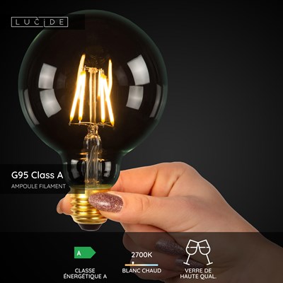 Lucide G95 Class A - Ampoule filament - Ø 9,5 cm - LED - E27 - 1x7W 2700K - Transparent